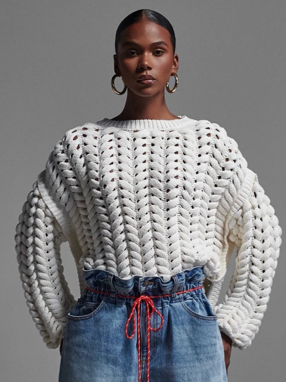 Chunky Cream Open-Knit Crewneck Sweater